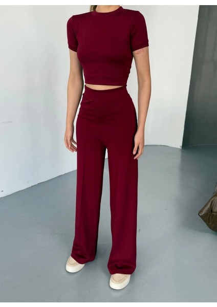 Osy Modal Yumuşak Dokulu Kumaş Kısa Kollu Crop Rahat Pantalon Ikili Takım - Bordo