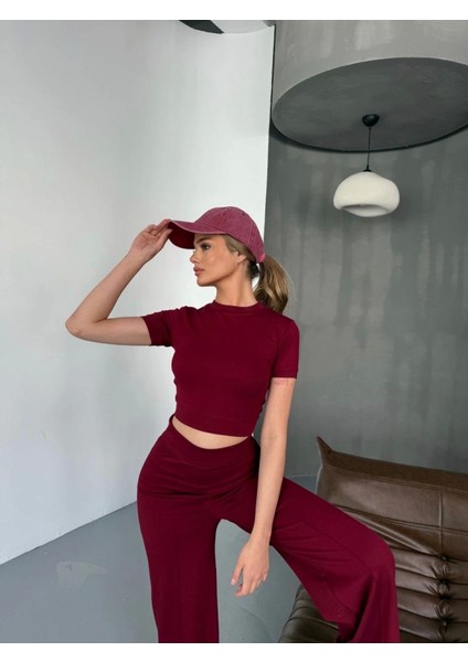 Osy Modal Yumuşak Dokulu Kumaş Kısa Kollu Crop Rahat Pantalon Ikili Takım - Bordo