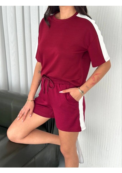 Osy Modal Yumuşak Dokulu Kumaş Parçalı Bisiklet Yaka T-Shirt Kısa Şort Ikili Takım - Bordo