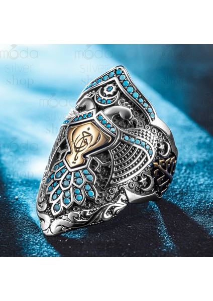 925 Ayar Gümüş Islam Usta Kemankeş Model Çift Başlı Kartal Zihgir Erkek Yüzük