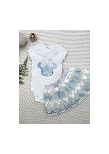 1-2-3 Yaş Payetli Mickey Nakışlı Kısa Kollu Brode Etekli 2li Kız Bebek Takımı