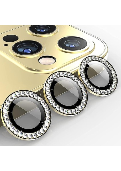 Iphone 12 Pro Max Elmas Taşlı Lens Koruyucu Premium Kalite ve Görünüm(3'lü Set) (Gold)