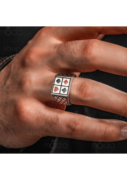 925 Ayar Gümüş Iskambil Tasarım Poker Model Erkek Yüzüğü