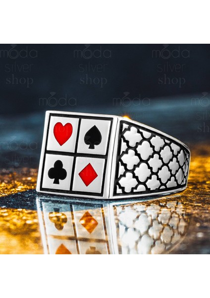 925 Ayar Gümüş Iskambil Tasarım Poker Model Erkek Yüzüğü modelleri