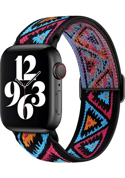 Apple Watch 1/2/3/4/5/6/7/se/8/ultra Ile Uyumlu ve Tüm Bilek Kalınlıklarına Uygun Bohemian Serisi Etnik Desen Motifli Esnek Ayarlanabilir Akıllı Saat Kordon