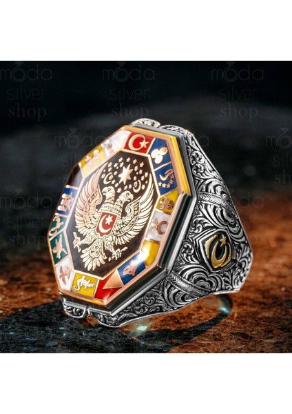 925 Ayar Gümüş 17 Türk Devleti Bayrağı Arnavut Kartalı Model Erkek Yüzük