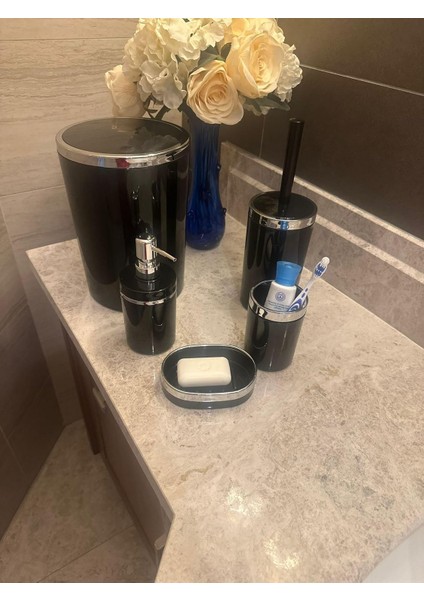 Home Banyo Seti 5'li, Akrilik Plastik (Çöp Kovası, Wc Fırçalık,sıvı Sabunluk, Diş Fırçalık, El Sabunluk) (Siyah)