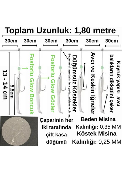 Silikon Balıklı Çapari 5.5 cm (2 Adet) Silikon At Çek Takımı Beyaz Fosforlu Glow Gözler ve Fosforlu Glow Boncuklu