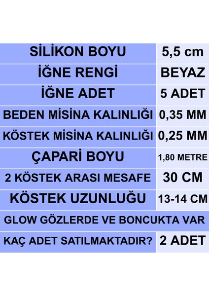 Silikon Balıklı Çapari 5.5 cm (2 Adet) Silikon At Çek Takımı Beyaz Fosforlu Glow Gözler ve Fosforlu Glow Boncuklu