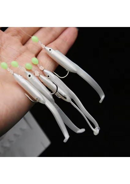 Silikon Balıklı Çapari 5.5 cm (2 Adet) Silikon At Çek Takımı Beyaz Fosforlu Glow Gözler ve Fosforlu Glow Boncuklu