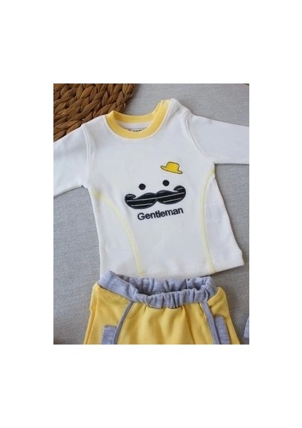 3-6 6-9 9-12 Ay Gentleman Erkek Nakışlı Şapkalı Uzun Kollu Sweat 3lü Erkek Bebek Takımı