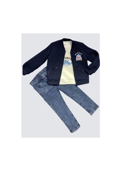 4-5-6 Yaş Kot Pantolonlu Pilot Mont Uzun Kollu Penye Sweat 3lü Erkek Çocuk Takımı