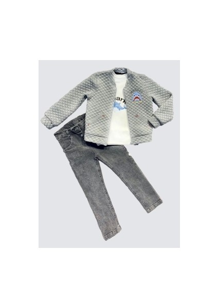 4-5-6 Yaş Kot Pantolonlu Pilot Mont Uzun Kollu Penye Sweat 3lü Erkek Çocuk Takımı