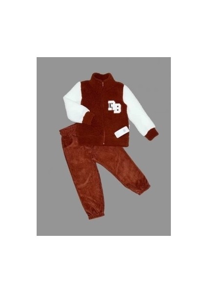1-2-3 Yaş Kuzu Kumaş Fermuarlı Sweat Kadife Pantolonlu Uzun Kollu Kız Erkek Çocuk 2li Takım