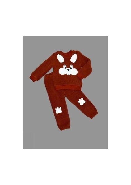 1-2-3 Yaş Kulaklı Tavşan Figürlü Kuzu Kumaş Sweat Pantolon Uzun Kollu Kız Erkek 2 Li Takımı