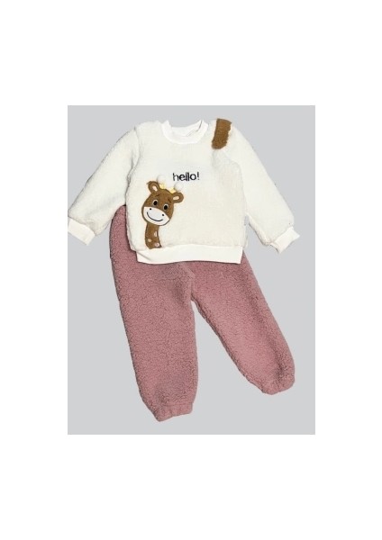 1-2-3 Yaş Hello Zürafa Nakışlı Kuzu Kumaş Sweat Pantolon Uzun Kollu Kız Erkek 2 Li Takımı