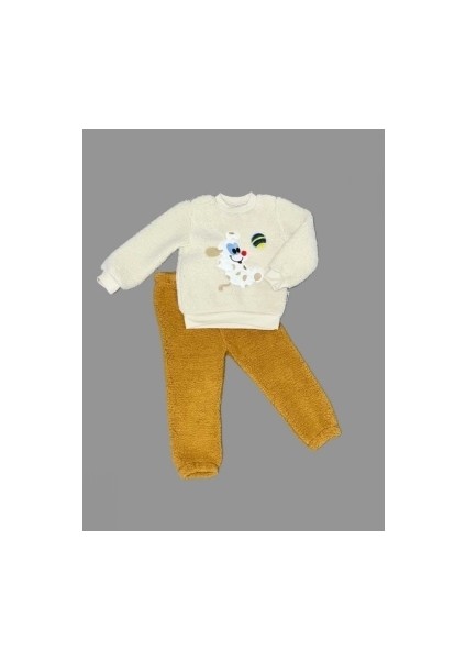 1-2-3 Yaş Toplu Köpek Nakışlı Kuzu Kumaş Sweat Pantolonlu Uzun Kollu Kız Erkek Bebek Takımı