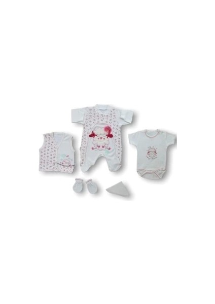 Kuzucuk Nakışlı %100 Cotton Antibakteriyel 5li Zıbın Takımı Hastane Çıkışı