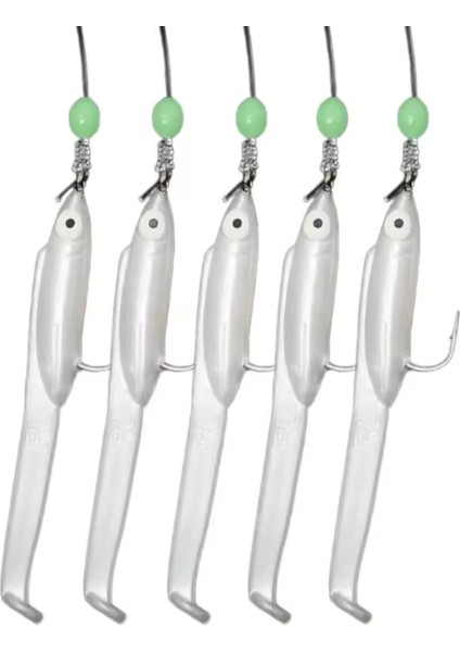 Silikon Balıklı Çapari 5.5 cm (2 Adet) Silikon At Çek Takımı Beyaz Fosforlu Glow Gözler ve Fosforlu Glow Boncuklu