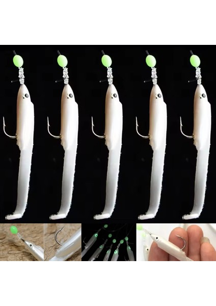 Silikon Balıklı Çapari 5.5 cm (2 Adet) Silikon At Çek Takımı Beyaz Fosforlu Glow Gözler ve Fosforlu Glow Boncuklu