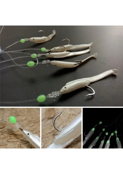 Silikon Balıklı Çapari 5.5 cm (2 Adet) Silikon At Çek Takımı Beyaz Fosforlu Glow Gözler ve Fosforlu Glow Boncuklu
