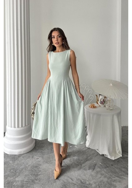 Mint Yanları Büzgülü Midi Boy Keten Elbise