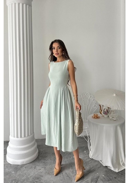 Mint Yanları Büzgülü Midi Boy Keten Elbise fiyatları