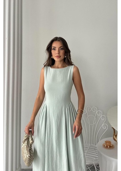 Mint Yanları Büzgülü Midi Boy Keten Elbise fırsatları