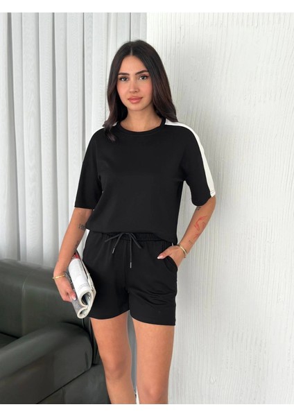 Osy Modal Yumuşak Dokulu Kumaş Parçalı Bisiklet Yaka T-Shirt Kısa Şort Ikili Takım - Siyah