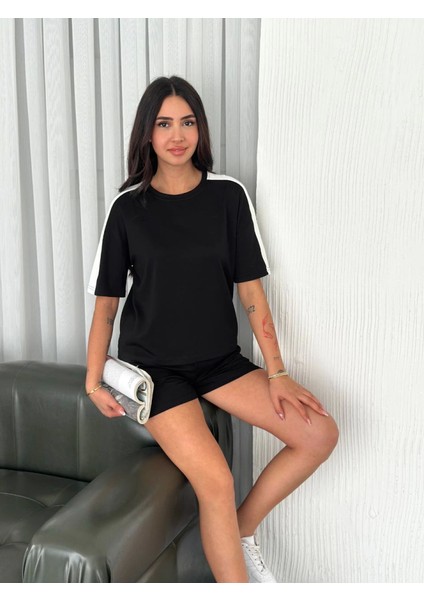 Osy Modal Yumuşak Dokulu Kumaş Parçalı Bisiklet Yaka T-Shirt Kısa Şort Ikili Takım - Siyah