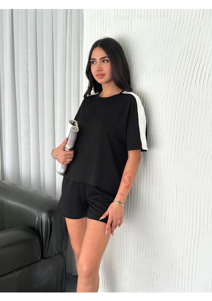 Osy Modal Yumuşak Dokulu Kumaş Parçalı Bisiklet Yaka T-Shirt Kısa Şort Ikili Takım - Siyah