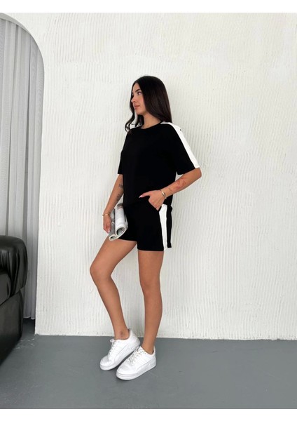 Osy Modal Yumuşak Dokulu Kumaş Parçalı Bisiklet Yaka T-Shirt Kısa Şort Ikili Takım - Siyah