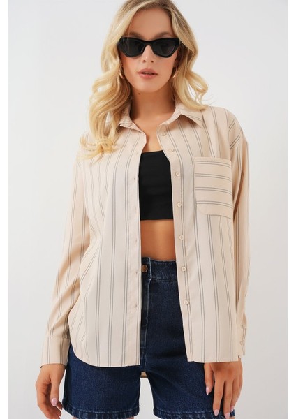 20143 Cepli Oversize Gömlek - Krem