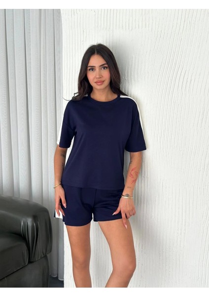 Osy Modal Yumuşak Dokulu Kumaş Parçalı Bisiklet Yaka T-Shirt Kısa Şort Ikili Takım - Mavi