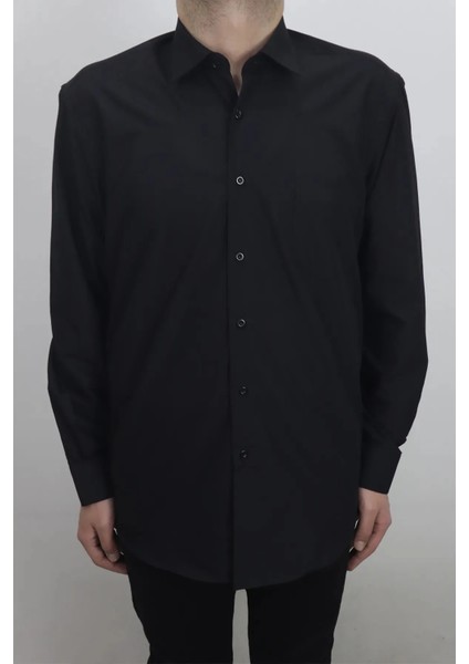 Fistan Store Erkek Siyah Düz Klasik Kesim Rahat Kalıp Tek Cepli Uzun Kollu Battal Yazlık Gömlek