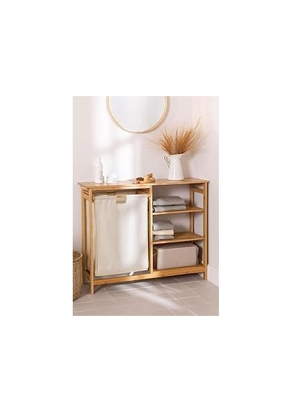 Bambu 3 Raflı 1 Bölmeli Kirli Sepetli Banyo Düzenleyici Çamaşır Sepeti Organizer DB-0008