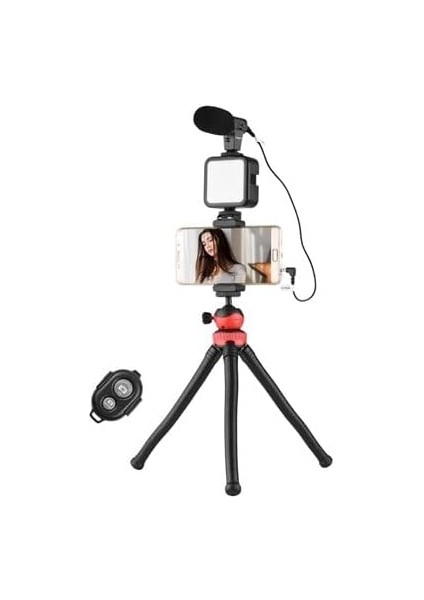 Tripod Stüdyo Işıklı Mikrofonlu Telefon Kamera Uyumlu Video Canlı Yayın Vlog Kiti