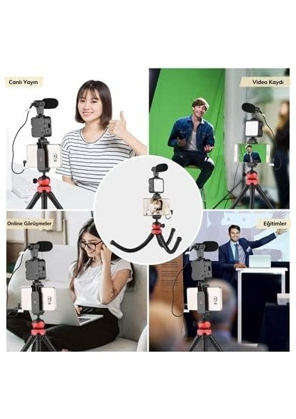 Tripod Stüdyo Işıklı Mikrofonlu Telefon Kamera Uyumlu Video Canlı Yayın Vlog Kiti