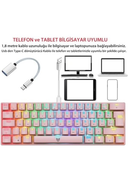 Majesty 62 Tuşlu Rgb Mini Gaming Oyuncu Mekanik Klavye Red Switch Pembe fiyatları