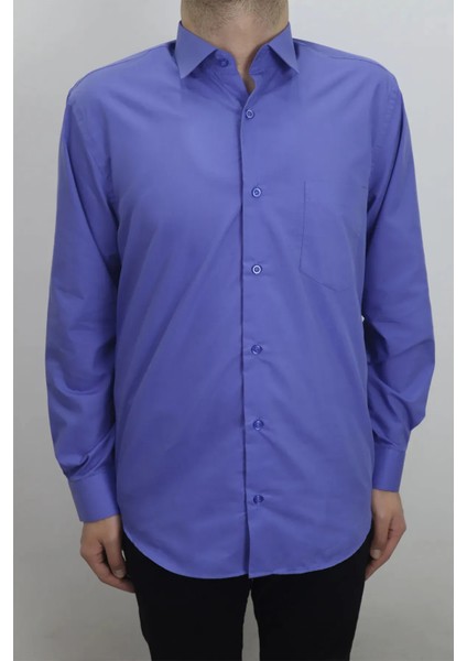 Fistan Store Erkek Açık Lacivert Düz Dacron Rahat Kalıp Tek Cepli Uzun Kollu Battal Yazlık Gömlek