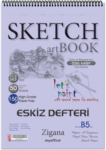 Sketchbook Zigana B5 Spiralli 150 Gr. 17,3X24,5 cm 50 Yp. Eskiz Defteri