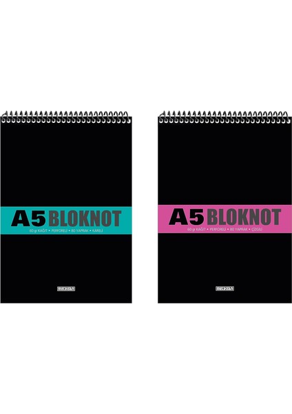 A5 Pet Spiralli Bloknot 80 Yaprak 4'lü Paket, Kareli, Çizgili