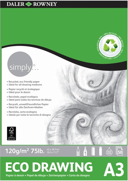 Çizim Bloğu, Daler Rowney Simply Için Ideal, Format 29,7 x 42 Cm, 120 G/m² Ince Tanecikli 50 Yaprak Kağıt