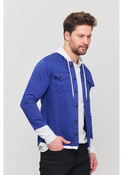 Erkek Slim Fit Dar Kalıp Kapüşonlu Detaylı Kot Gömlek