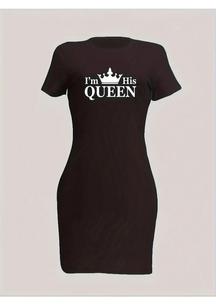 Kadın Kısa Kollu Queen Baskı Iki Iplik Mini Elbise modelleri