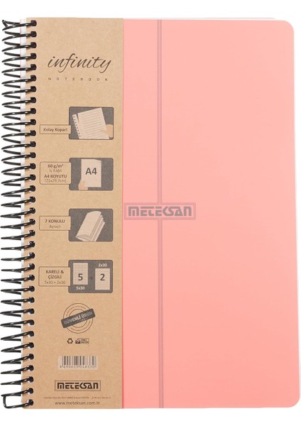 Infinity Pastel Serisi, A4, 7 Konulu (5 Kareli, 2 Çizgili) 210 Yaprak Pp Kapaklı Spiralli Defter, Pembe