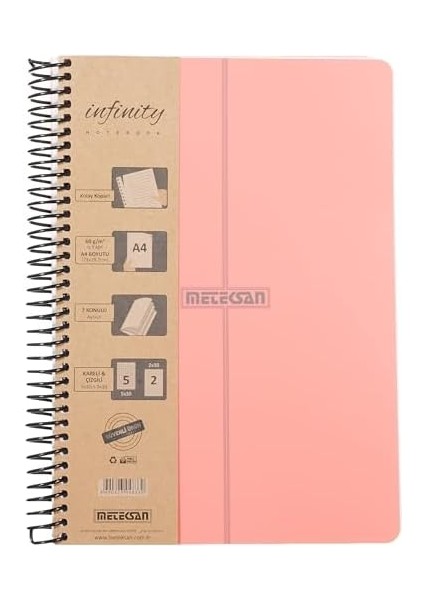 Infinity Pastel Serisi, A4, 7 Konulu (5 Kareli, 2 Çizgili) 210 Yaprak Pp Kapaklı Spiralli Defter, Pembe