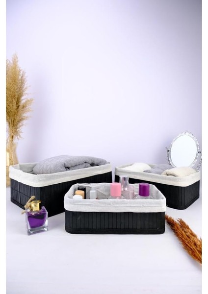 3’lü Bambu Çok Amaçlı Saklama Kutusu Düzenleyici Organizer Siyah C1-1-121
