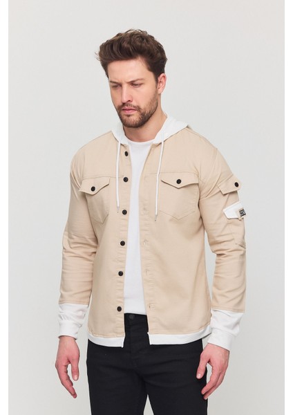 Erkek Slim Fit Dar Kalıp Kapüşonlu Detaylı Kot Gömlek