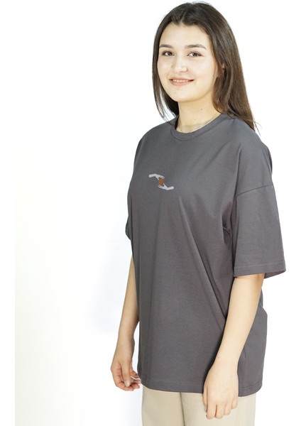 Flamepetal | Gri Renk | Baskılı Kadın T-shirt | Oversize fırsatları